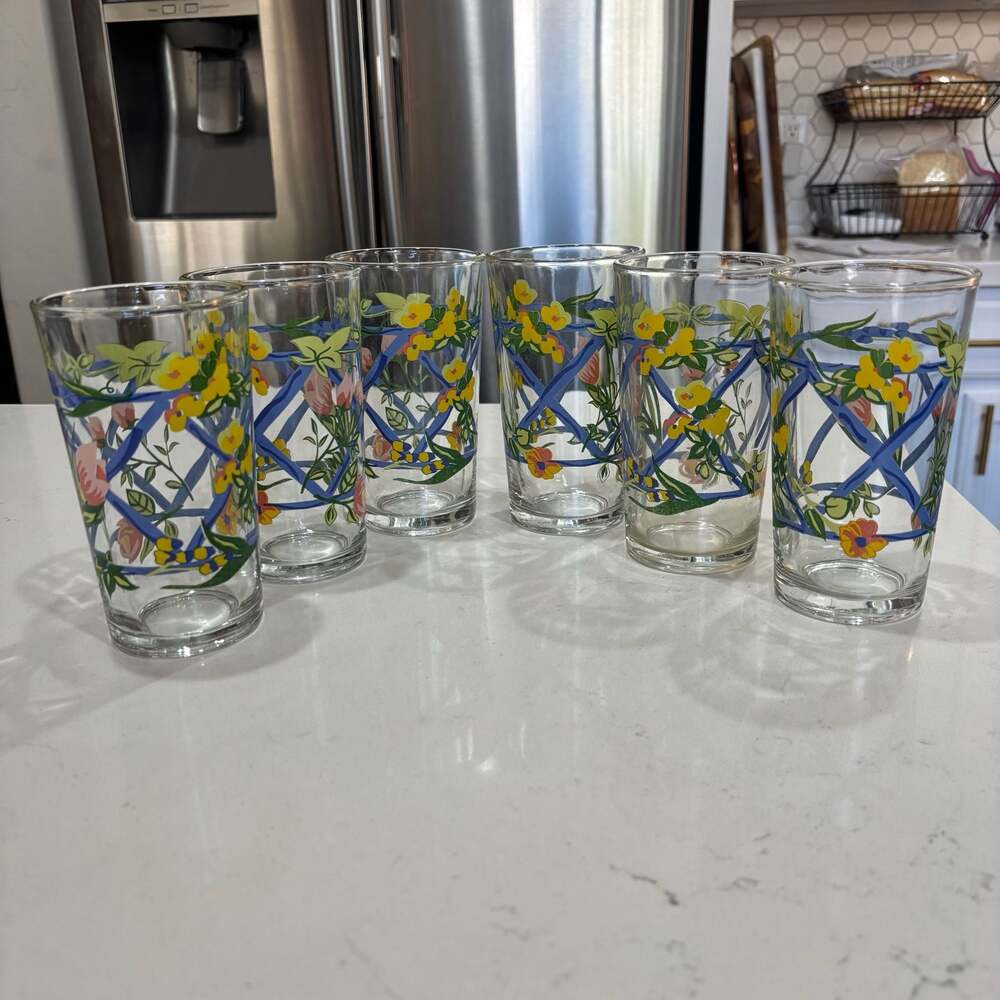 Vintage Firna Indonesia Floral Blue Lattice Tumbler Glasses - Set of 6